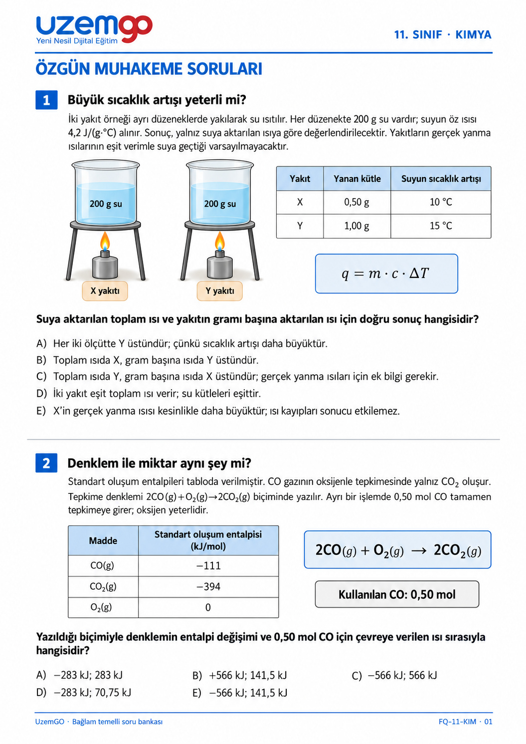 11. sınıf Kimya: 1. soru sayfası. Erişilebilir metin aşağıdadır.