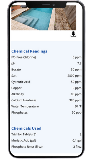 Pool service software visit history chemical readings.