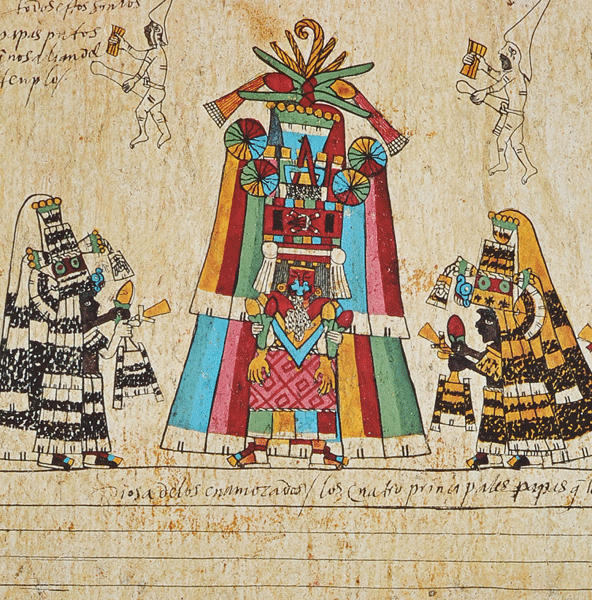 Veintena of Ochpaniztli: detail of Chicomecoatl and Tlaloc priests, Codex Borbonicus