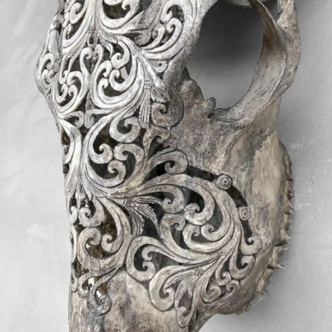 Crâne de vache sculpté gris