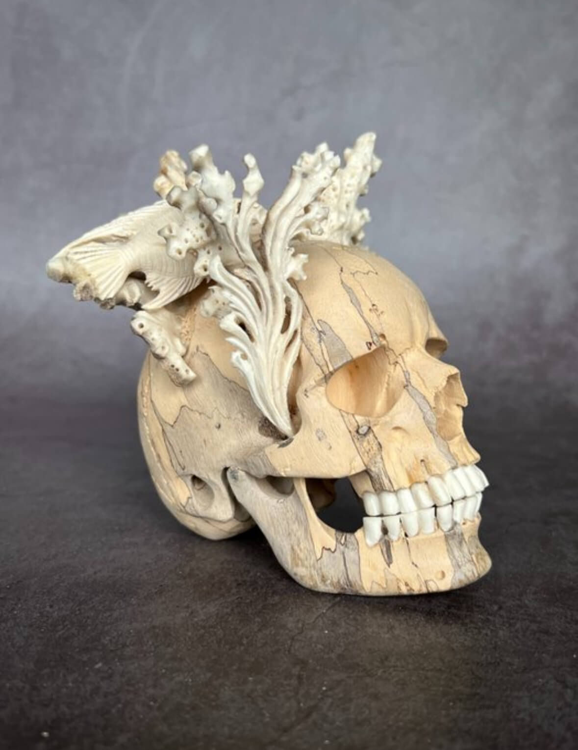 Crâne humain sculpté en bois de tamarin avec décor marin