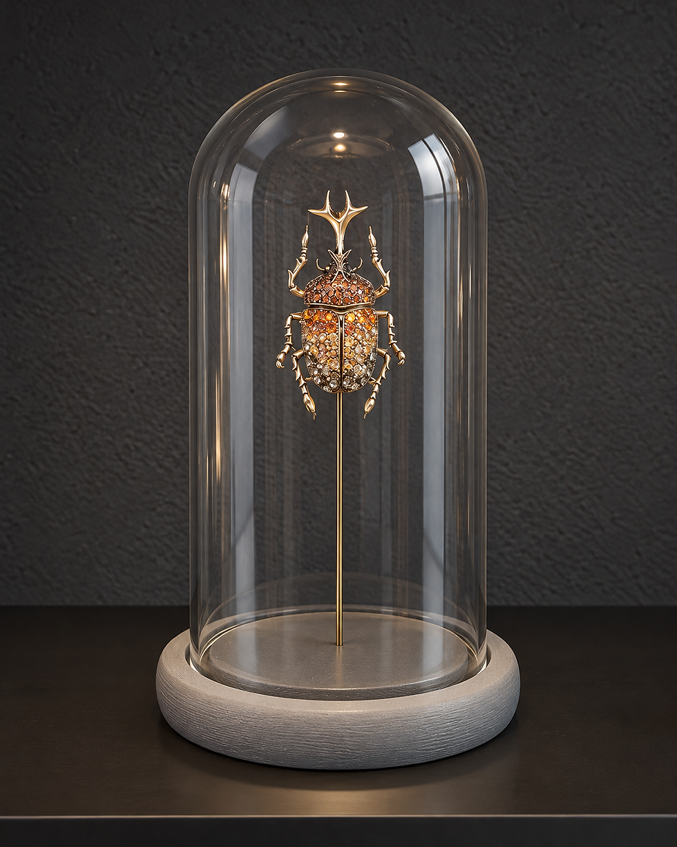 Insecte bijou ambré sous cloche en verre scarabée rhinocéros