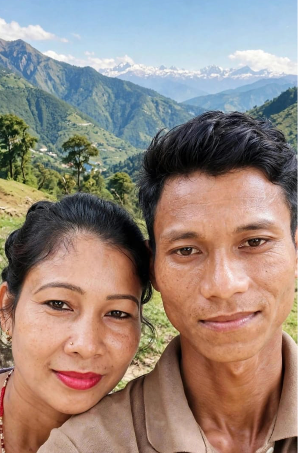 Nepalese couple in front of mountains