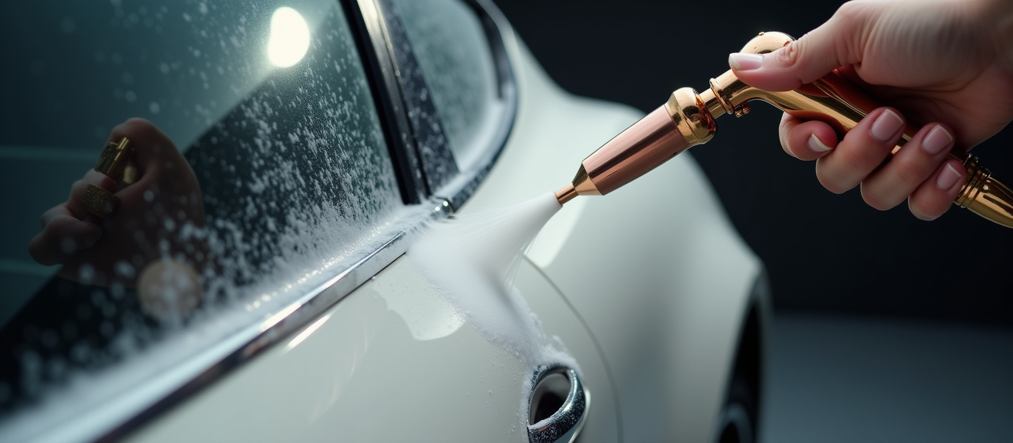 Autowäsche: Schaumreinigung eines weißen Oldtimers