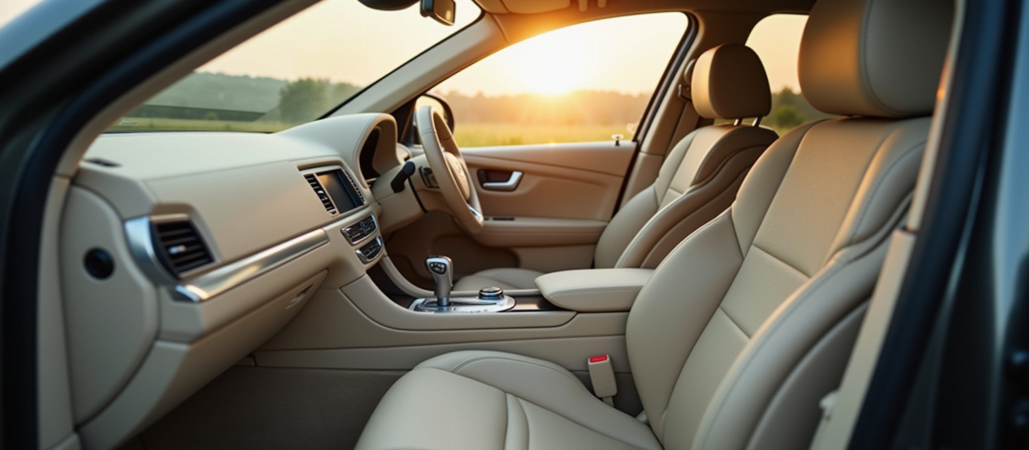 Beige Lederausstattung im Auto bei Sonnenuntergang