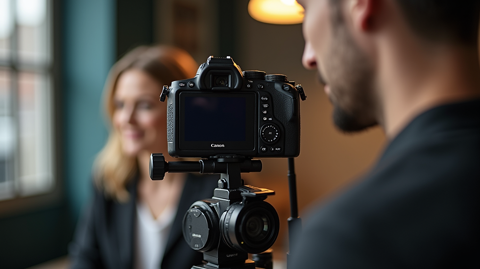 Eye-level view of a professional camera set up for a hair styling photo shoot