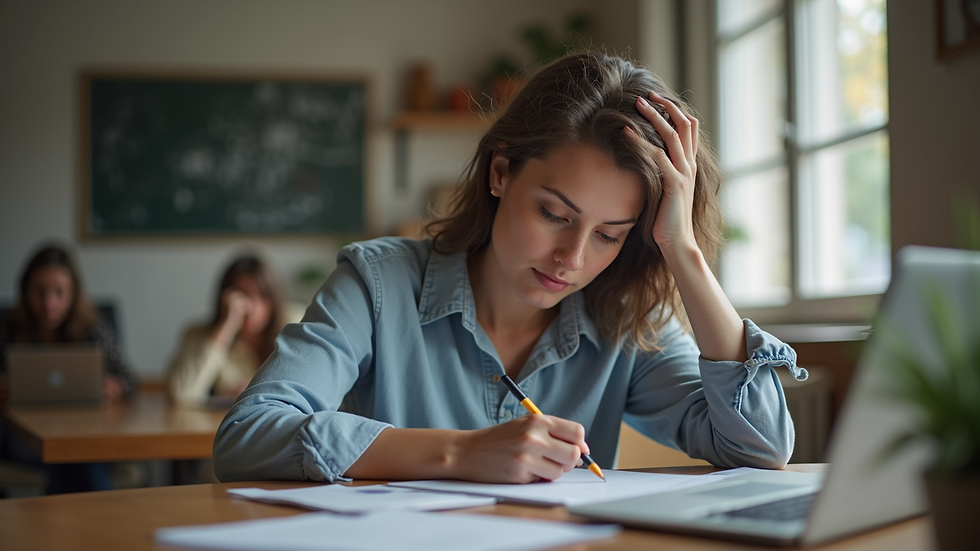Plano medio de una persona tomando notas durante una clase de portugués online