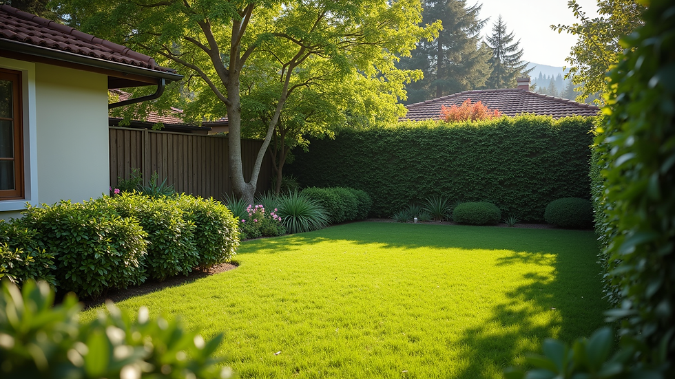 High angle view of a clean and well-maintained backyard with trimmed bushes