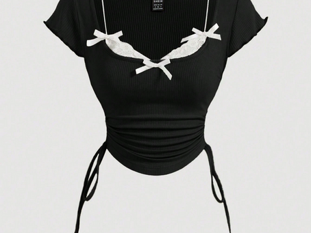 SHEIN MOD Plus Size Black Retro Romantic Lace Bowknot Drawstring Short Sleeve T-Shirt