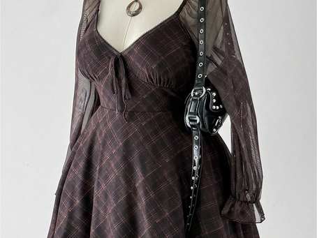 French Plaid Print Long Sleeve Sheer Square Neck Dress, Autumn Vintage Fall Cloth For Women