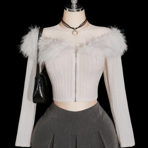 SHEIN ICON Plus Size Off Shoulder Fuzzy Trim Crop White Jacket