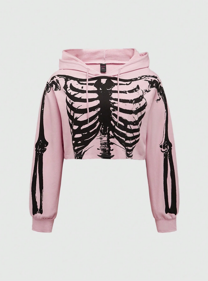 Grunge Punk Plus Size Short Skull Skeleton Print Hooded Sweatshirt 