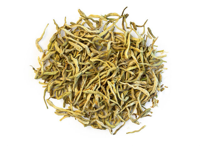 Dried honeysuckle flowers by Healing Herbals, yellow-green petals on white background.