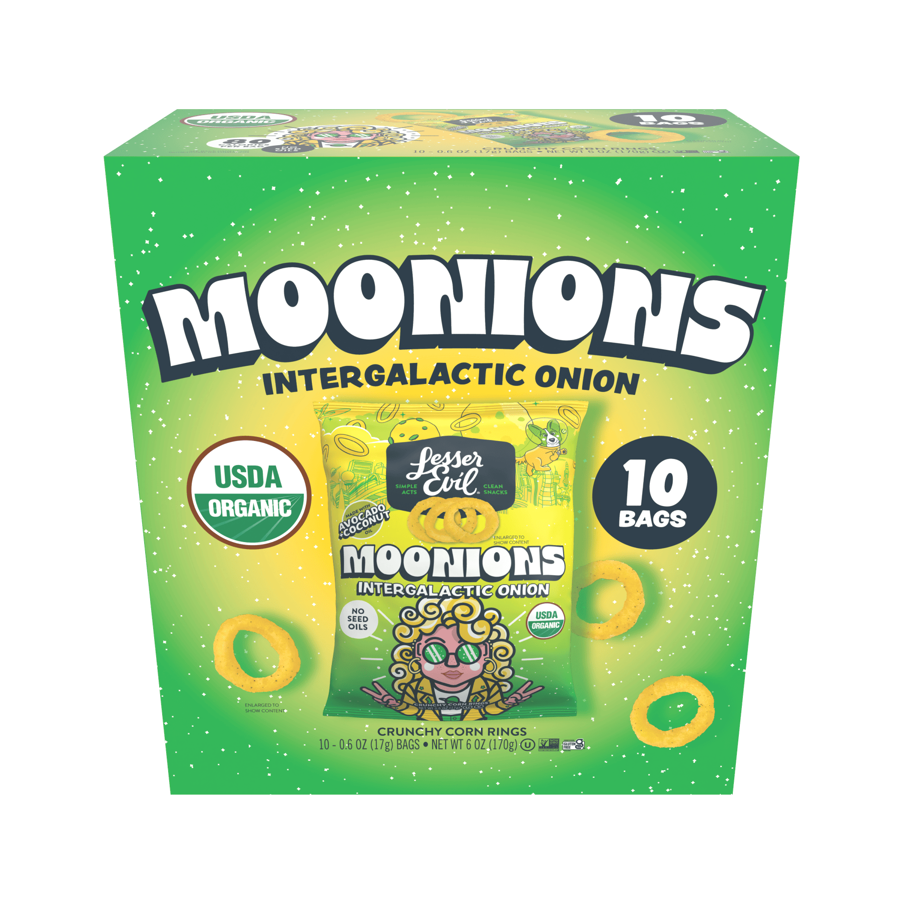LesserEvil Intergalactic Onion Moonions ten-bag box on a green background