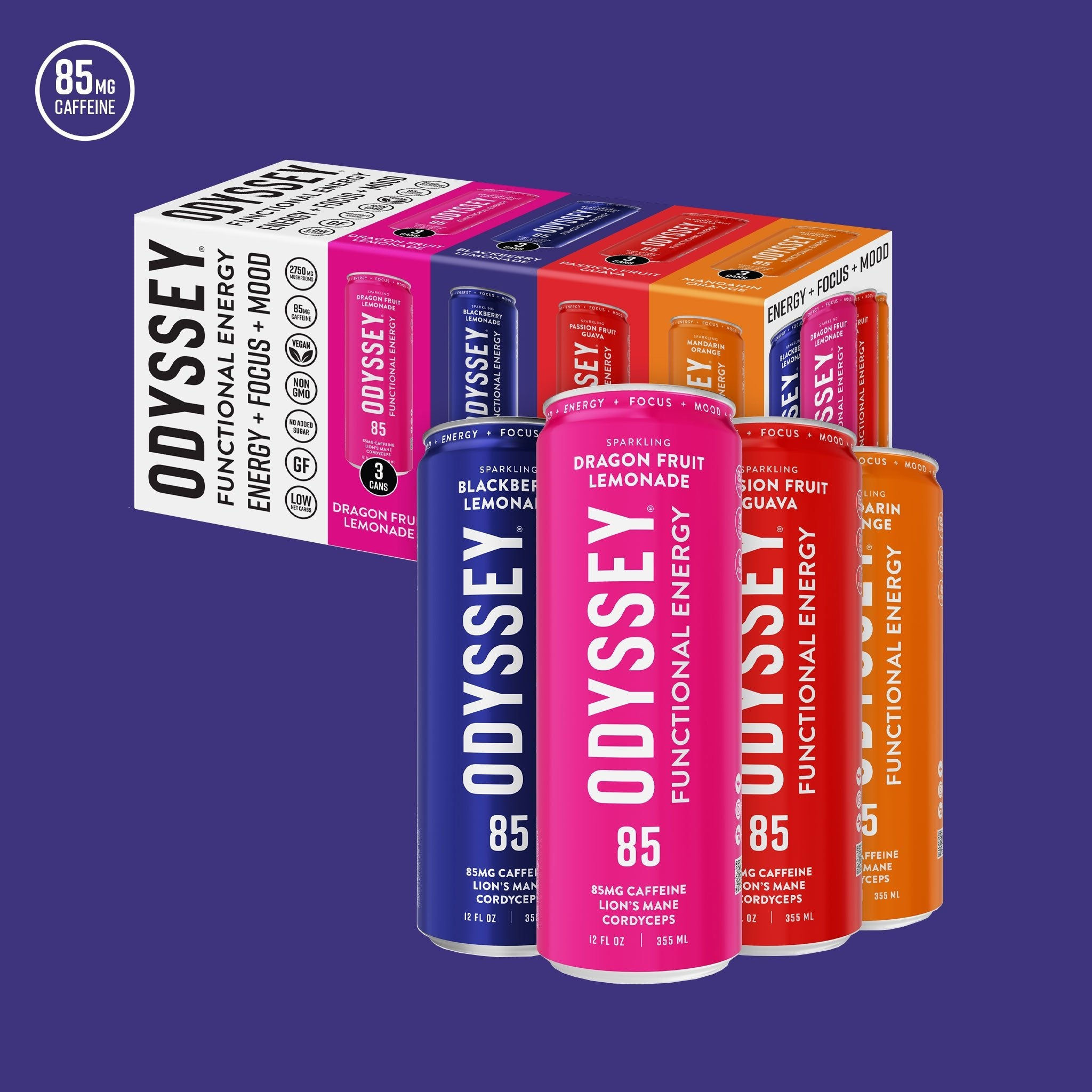 Odyssey 85 mg sparkling energy drink variety boxes and cans