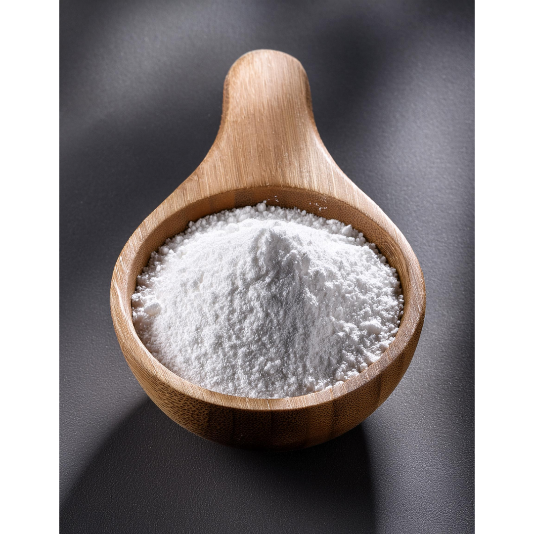 Top-down view of a wooden scoop filled with fine white herbal powder on a dark background, highlighting texture and purity.