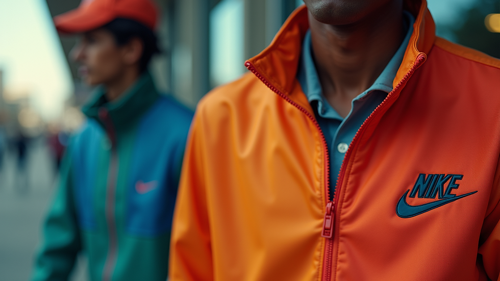 Close-up of a reworked vintage Nike jacket with bold colours