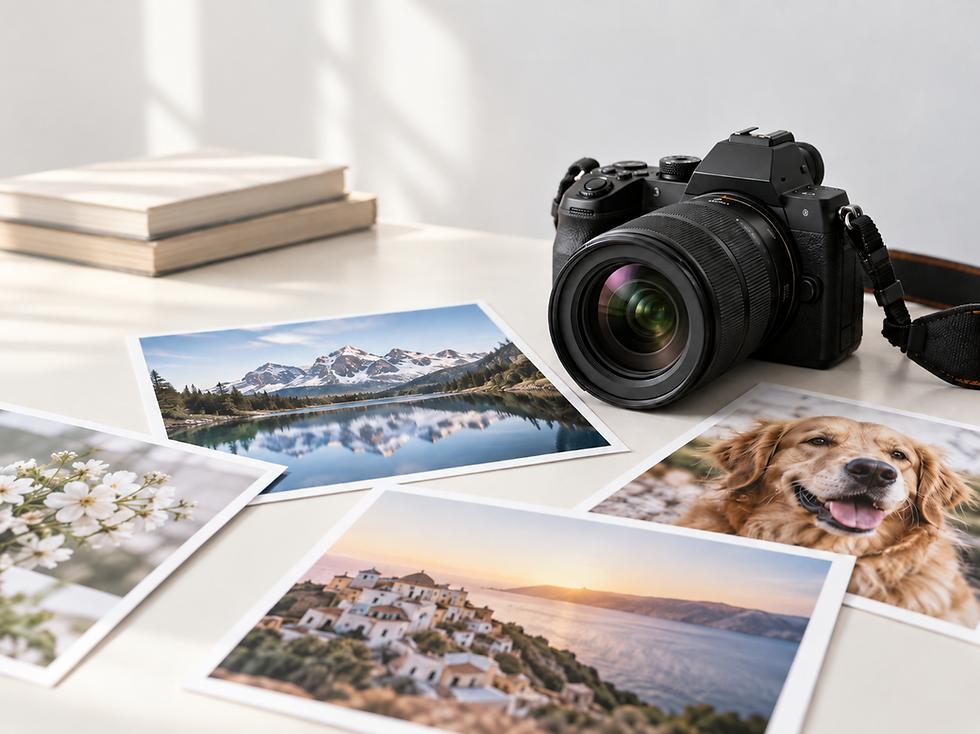 Professional camera and printed photos on a white desk Professional ID photo services at Postlink Dunkeld in Johannesburg