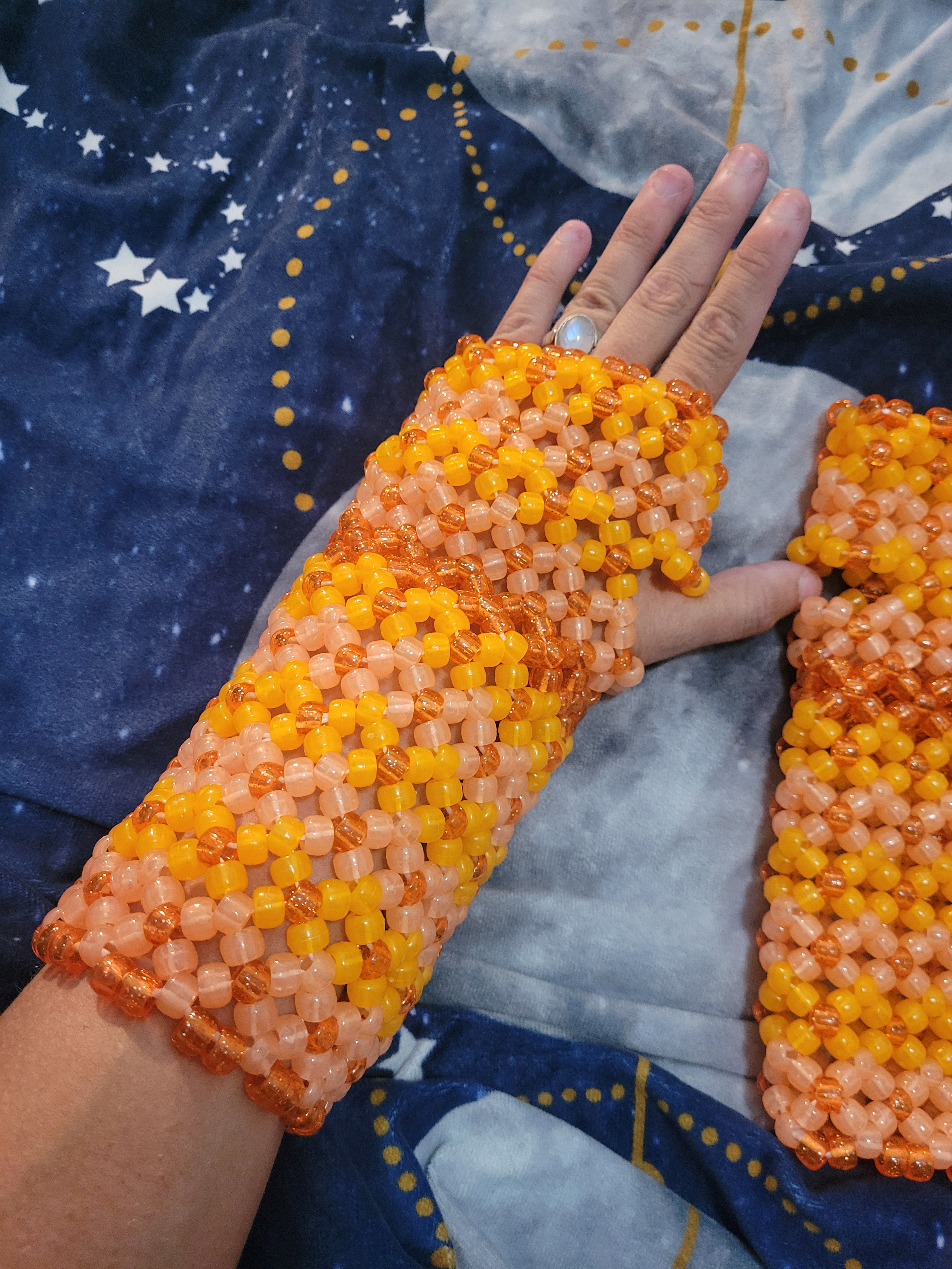 Lrg. Orange Glow-in-the-Dark Beaded Fingerless Gloves 