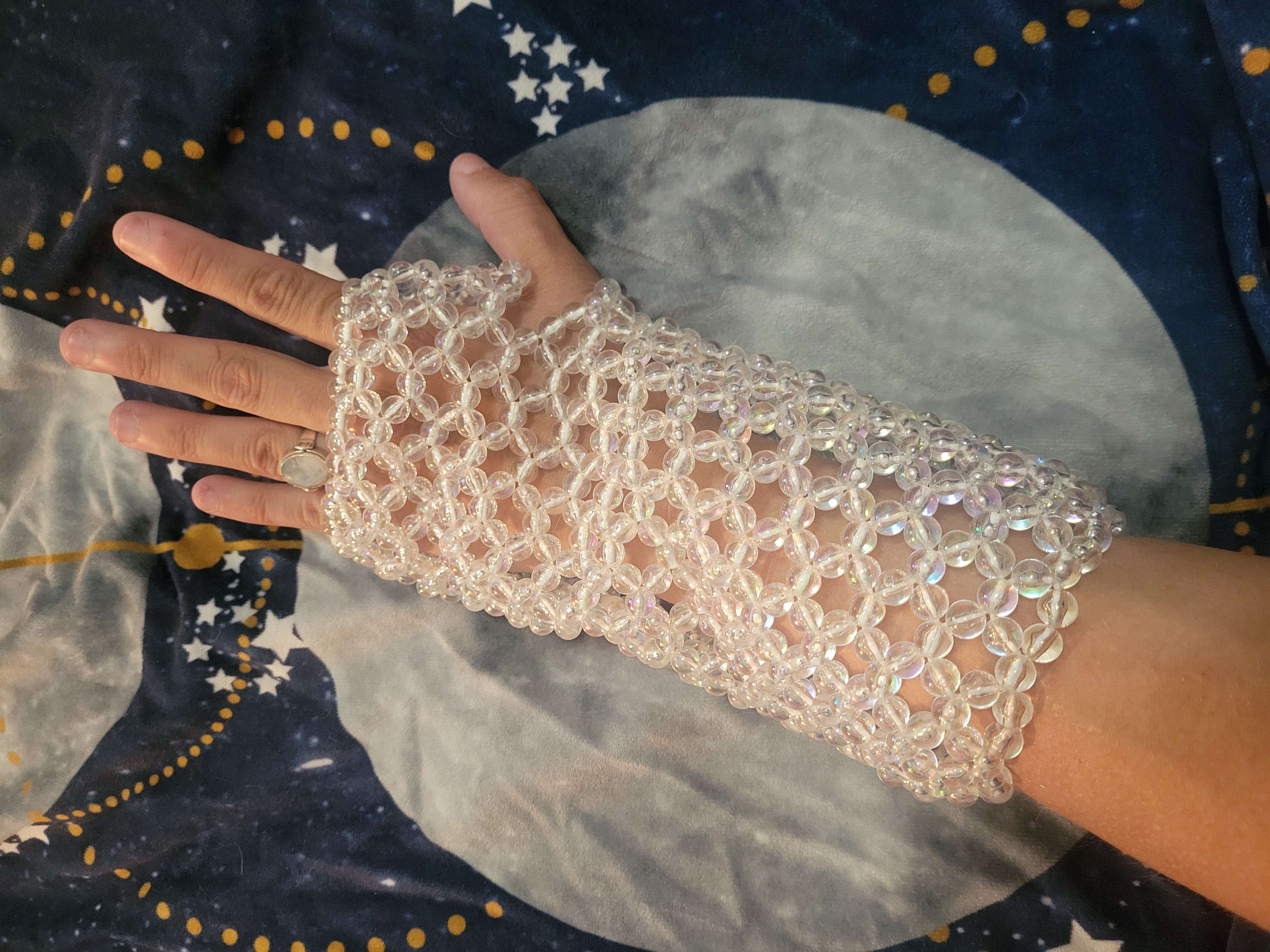 Lrg. Aurora Borealis Beaded Fingerless Gloves