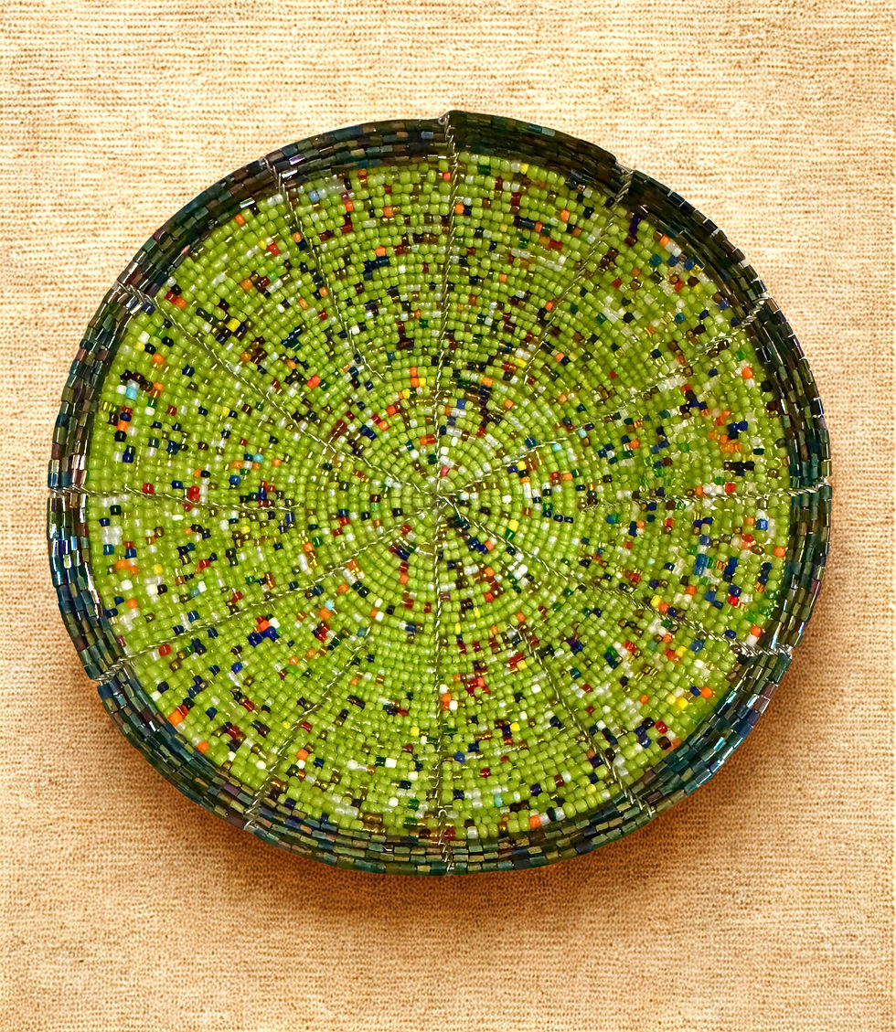 green beaded basket top view