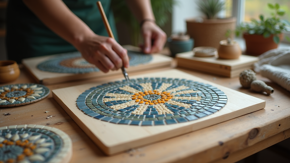Eye-level view of a small mosaic project in progress on a wooden table