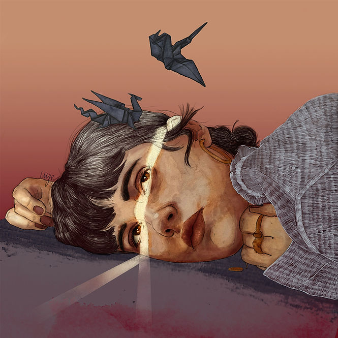 Ilustración de una mujer tumbada junto a dragones de papiroflexia y atravesada por un rayo de luz