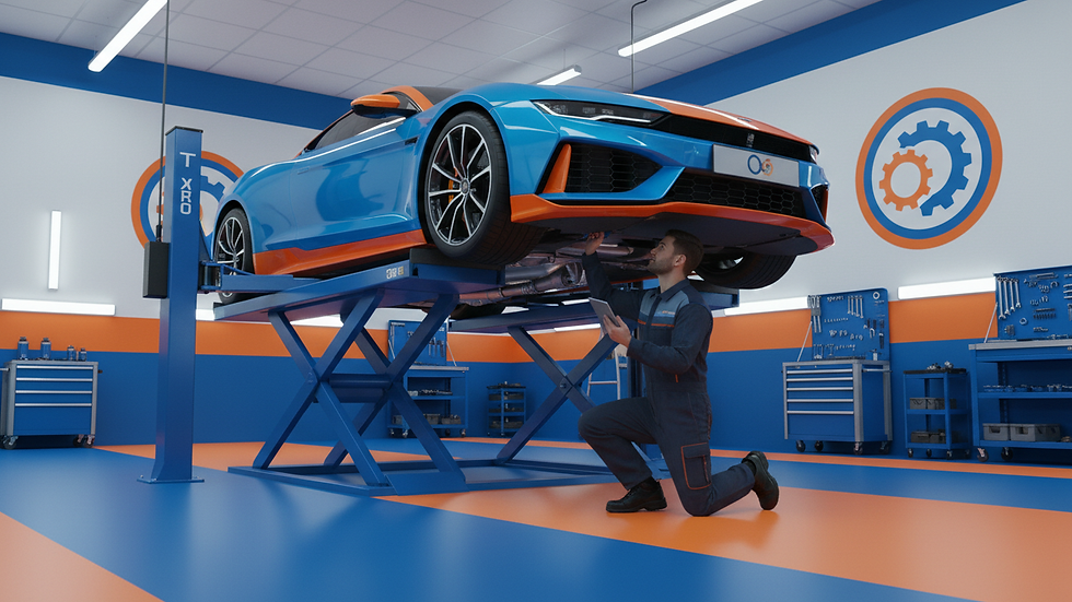 Eye-level view of a car lifted in a garage with a mechanic inspecting the undercarriage
