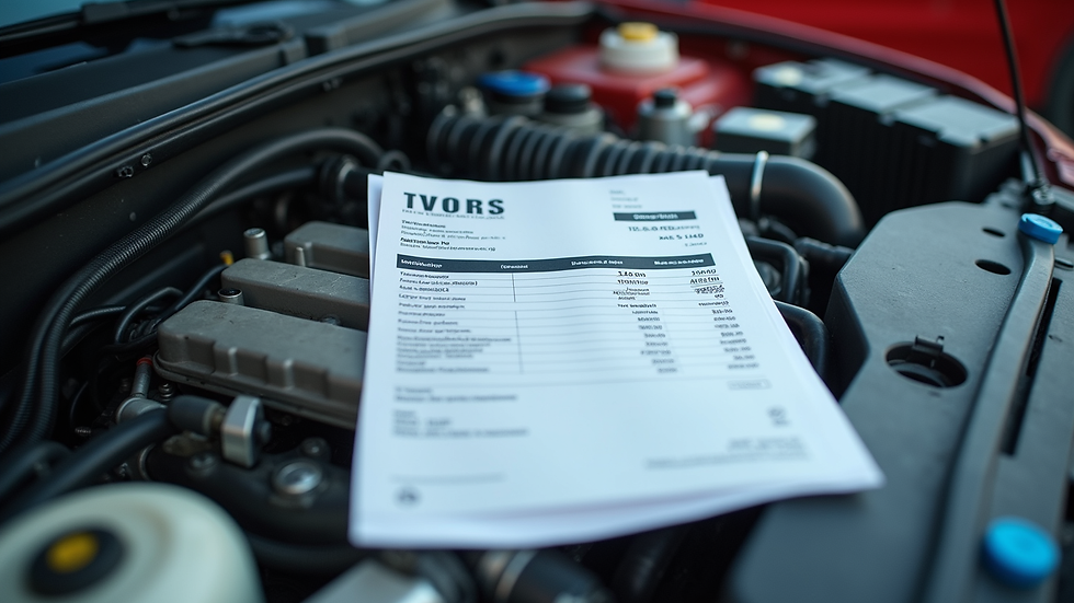 High angle view of a car repair invoice with detailed parts and labor costs