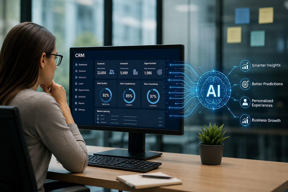 Woman at desk viewing CRM dashboard with AI bubble and labels: Smarter Insights, Better Predictions, Business Growth