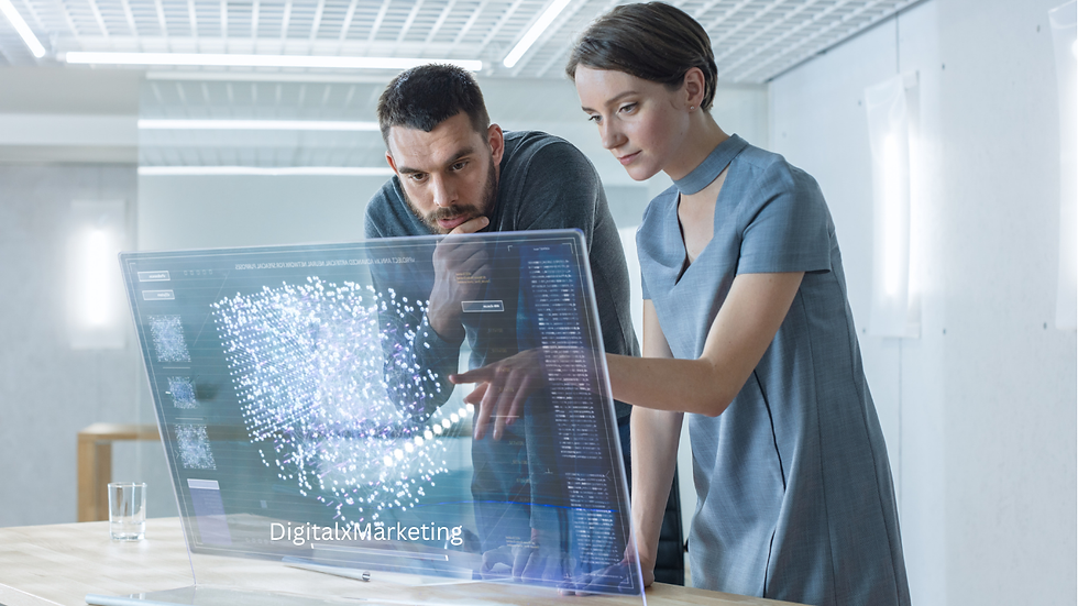 Two people analyze digital data on a transparent screen labeled "Digital Marketing" in a modern, well-lit office, both appear focused.