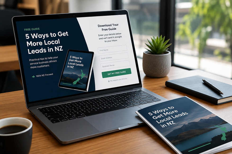 Laptop on wooden desk shows a free guide signup page for 5 Ways to Get More Local Leads in NZ, with notebook, plant, and coffee nearby
