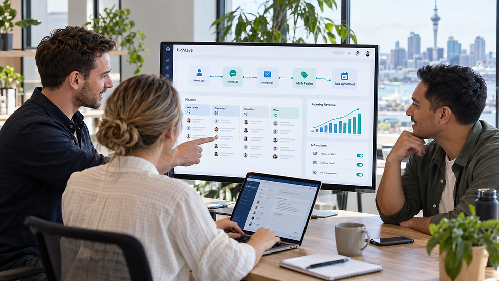 Three coworkers review a HighLevel dashboard on a big screen in a bright office, with pipeline and revenue charts.