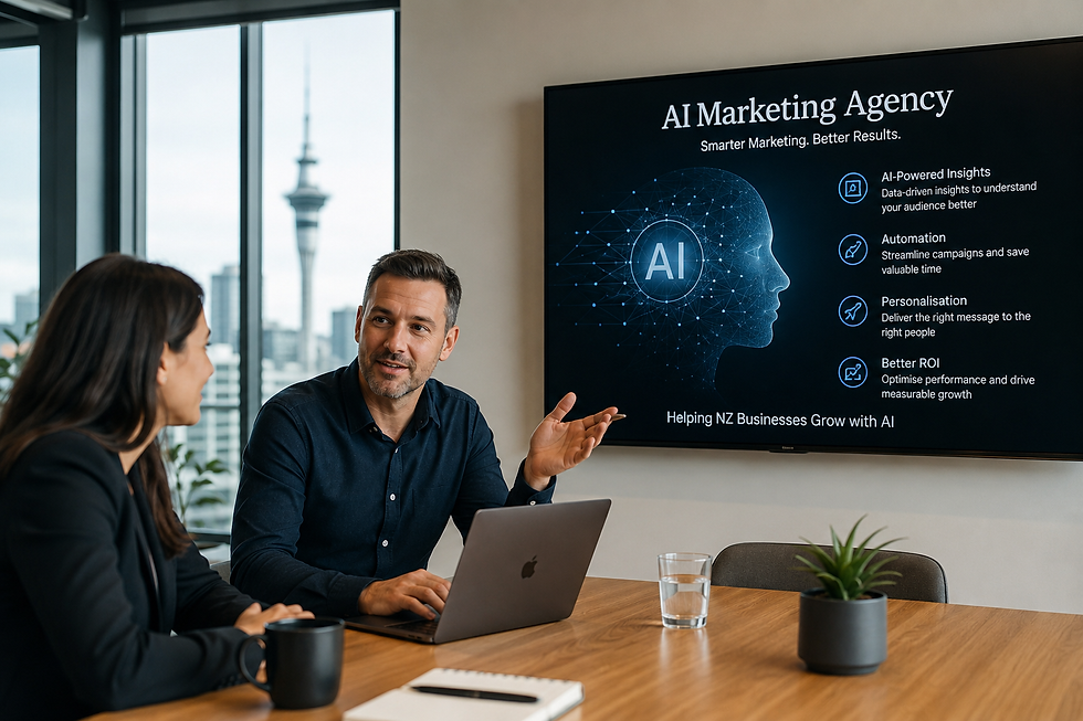 Man and woman discuss at a table with a laptop. Behind them, a screen displays "AI Marketing Agency" with points on insights, automation, and ROI.