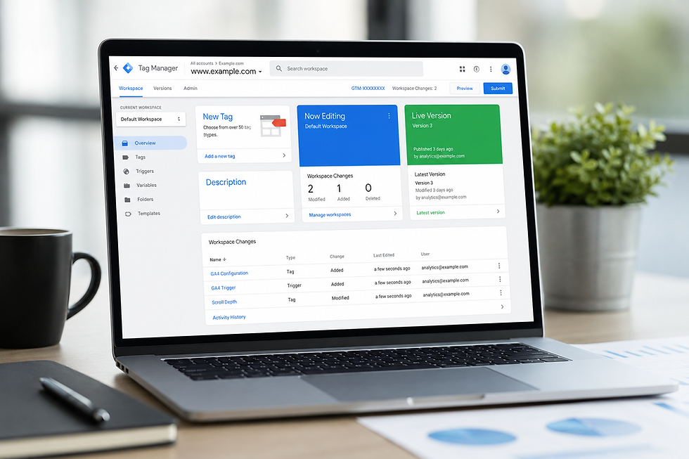 Laptop on desk showing Google Tag Manager dashboard with New Tag and Live Version panels, beside a mug, notebook, and plant