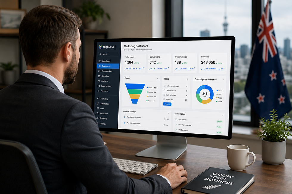 Man in suit analyzes a marketing dashboard on a computer. Office setting with a New Zealand flag, plant, and book with text "Grow Your Business".