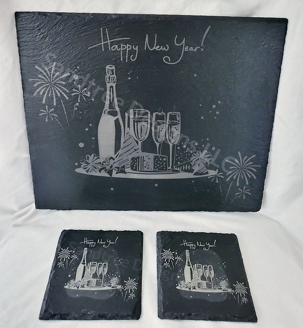 Happy New Year slate charcuterie board and coaster set. Design has 'Happy New Year' written up top with a picture of a bottle of wine, 3 glasses, and cheese on a server tray, and some fireworks in background.