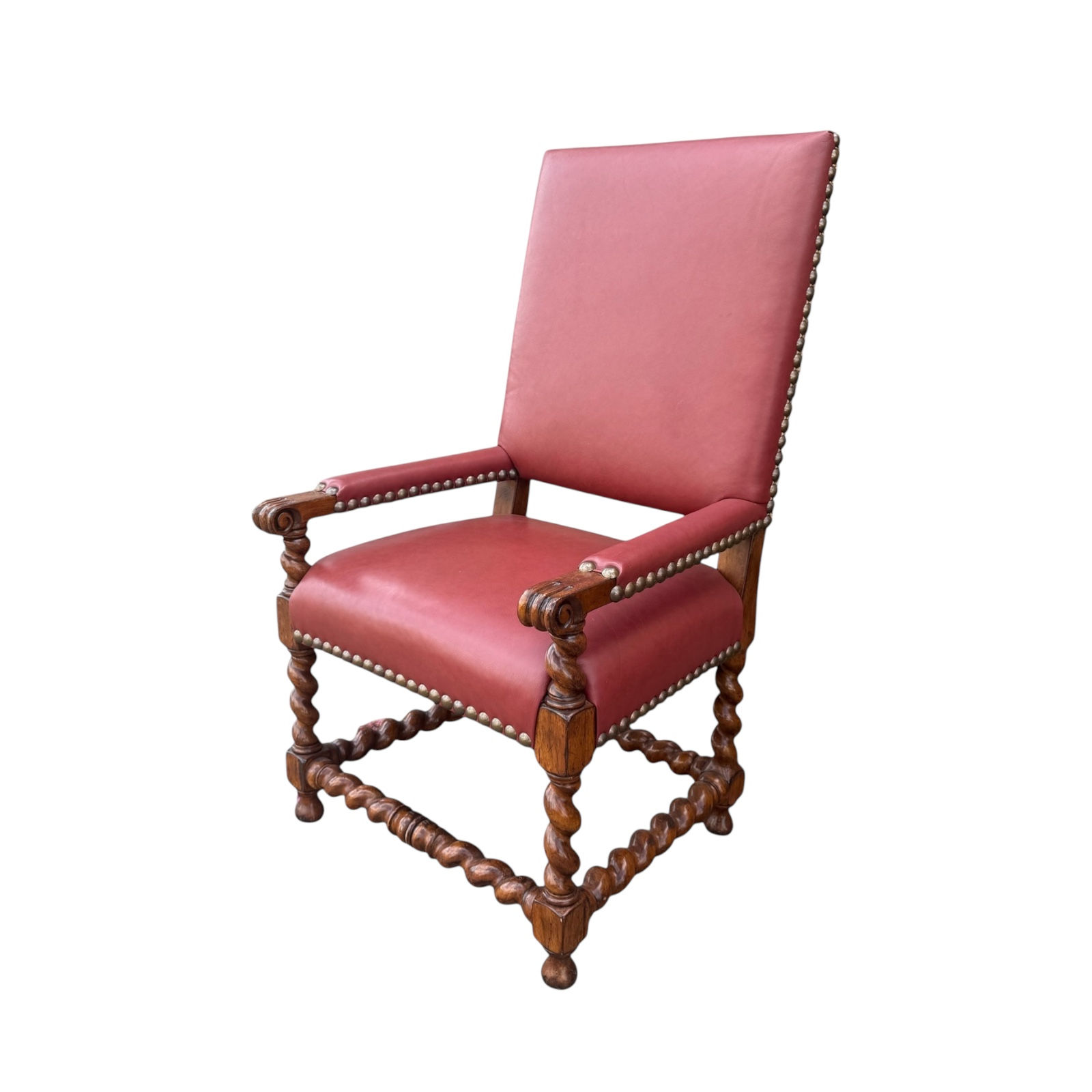 Vintage Carved Walnut Barley Twist Throne Chair with Red Leather