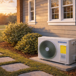 An image of a residential heat pump on the exterior of a home.