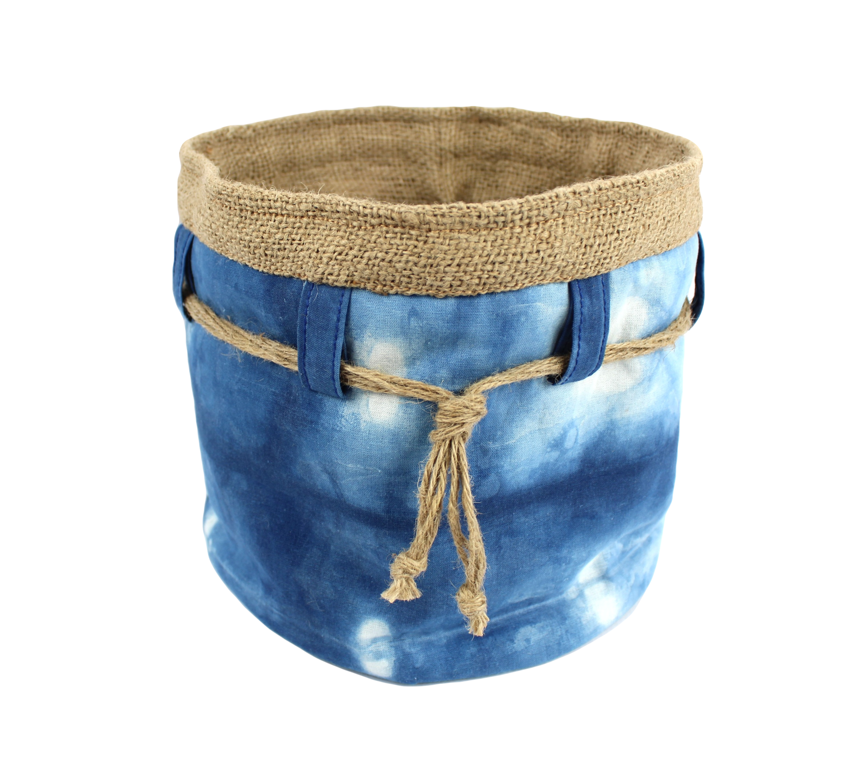 Round Indigo Fabric Basket with Hessian Inner and belt loop detail