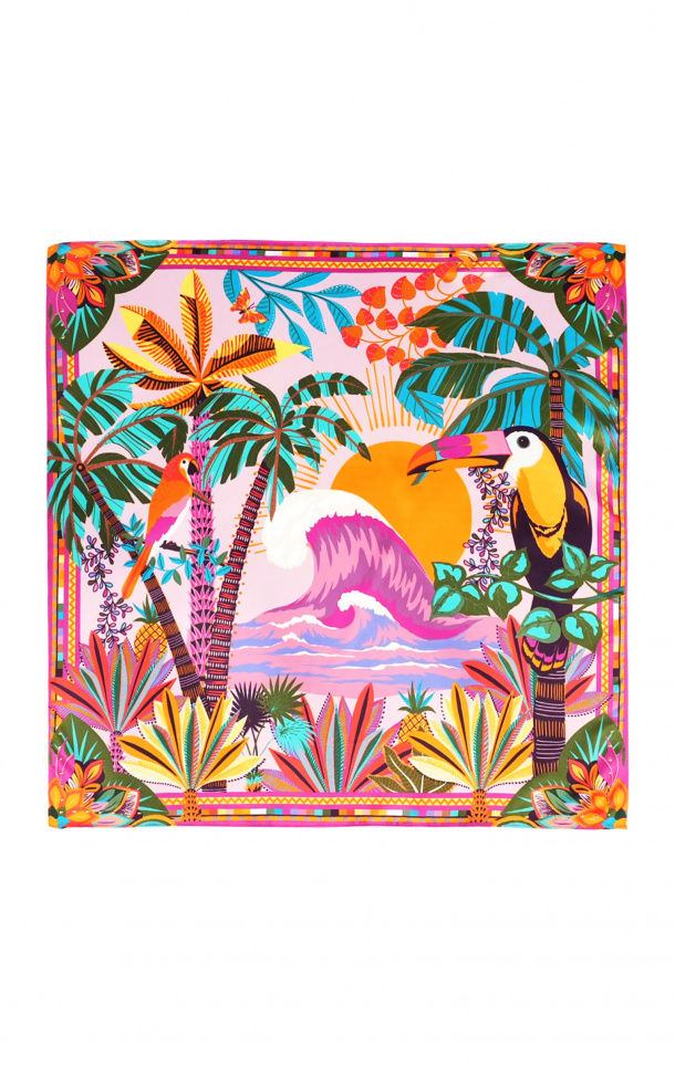 Mini Foulard Hawaï Rose Wild foulard ouvert avec motifs exotiques et palette vibrante.