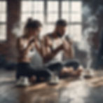 a fit man and woman drinking tea in a gym studio