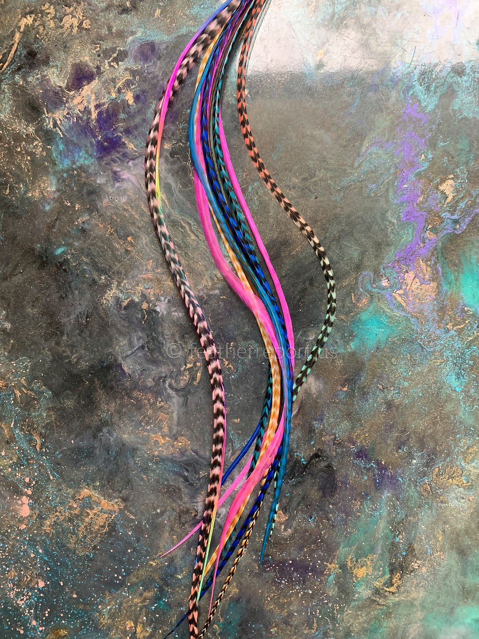 Thumbnail: Hot Pink Rainbow Blue Grizzly Mix - XXL 11 Single Hair Feather Extensions