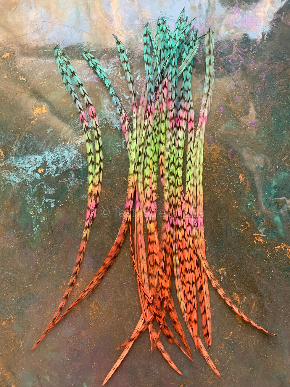 Odd Feathers for Crafting or Hair Extensions Dotted Blue Seafoam Orange x 22