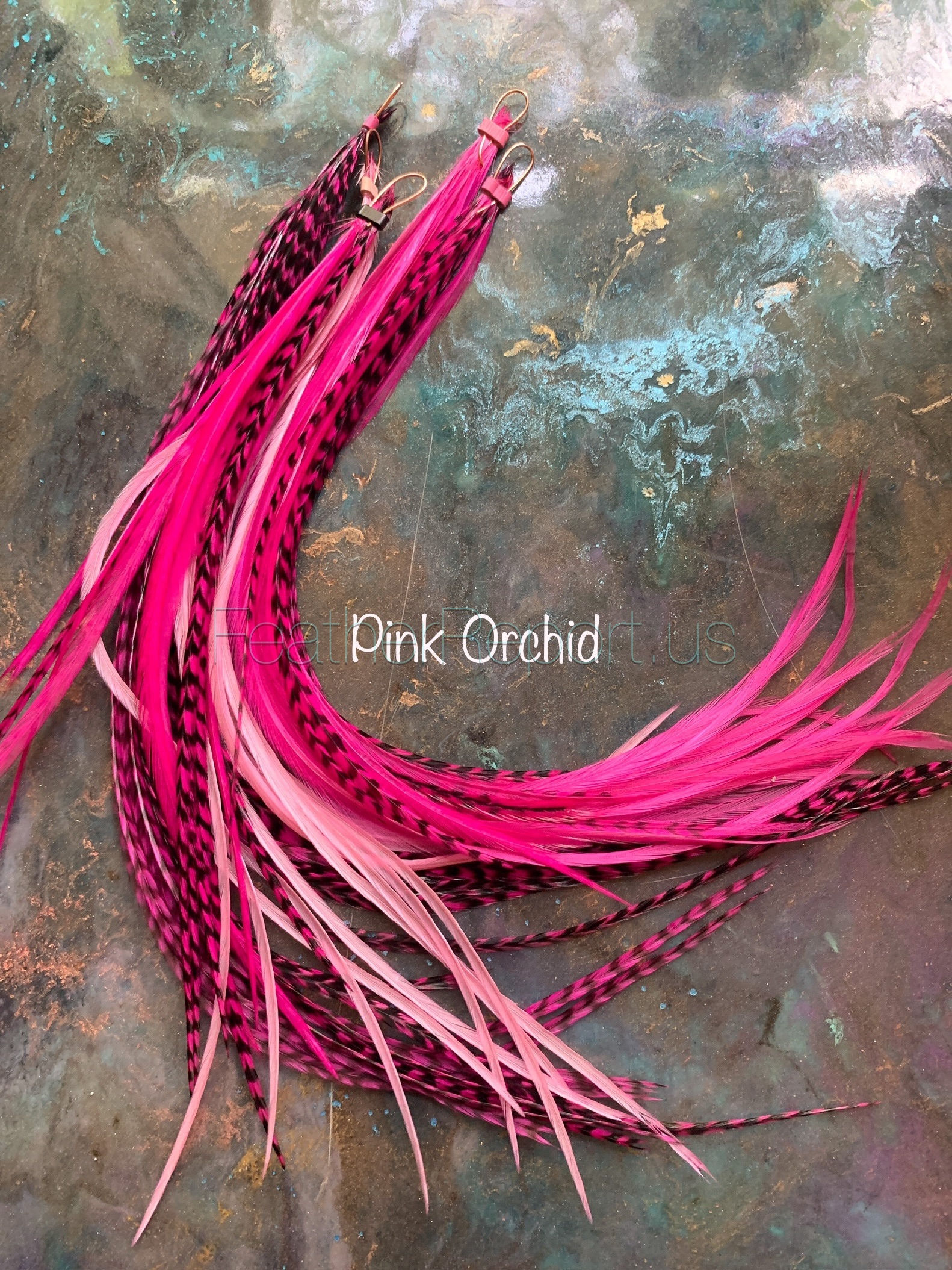 pink orchid colored feather hair extensions both light and dark pink orchid grizzly rooster solid feathers pack of 10