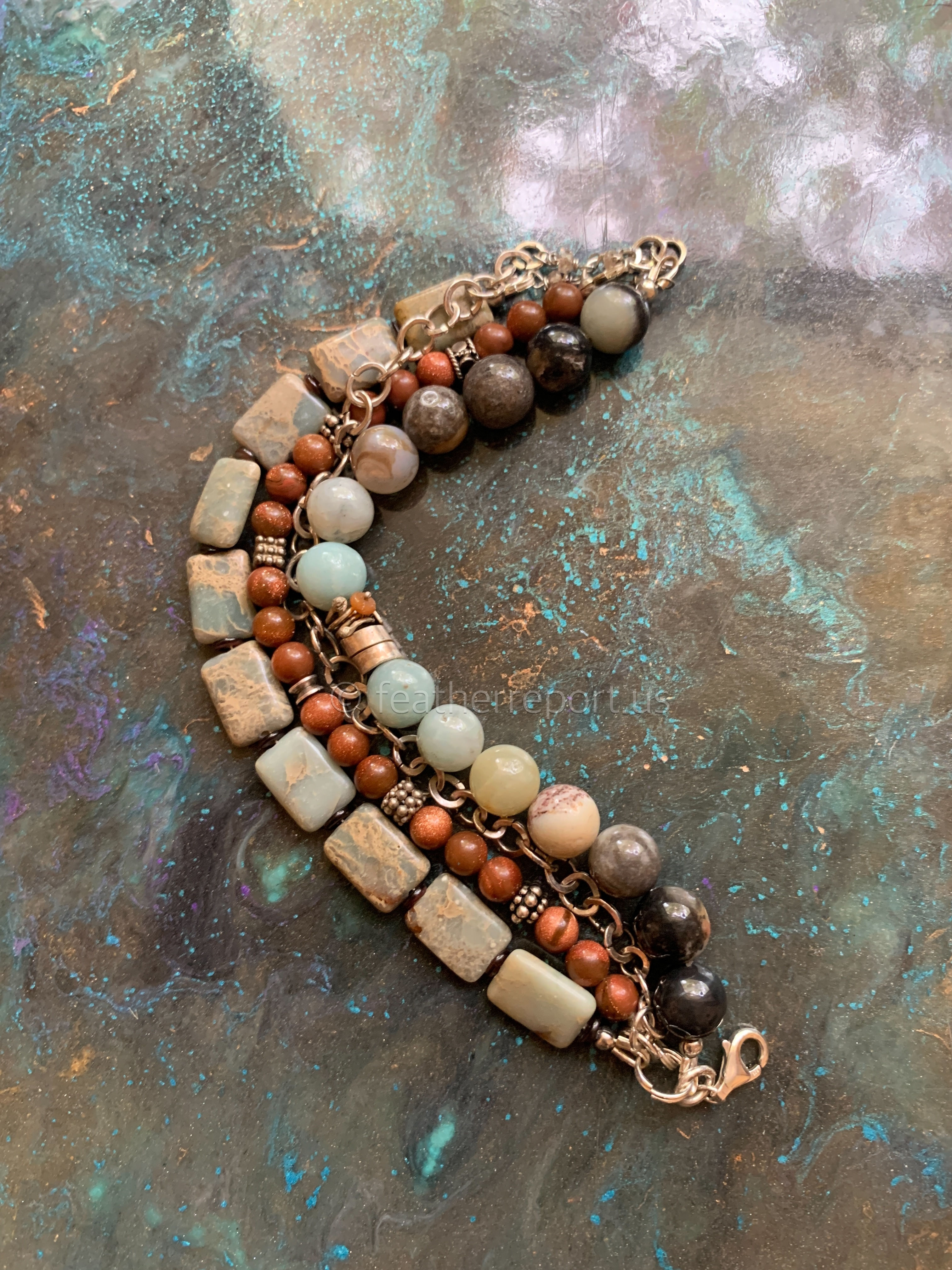 Sterling Sunstone Jasper Beaded Boho Bracelet 4 Strands 8”
