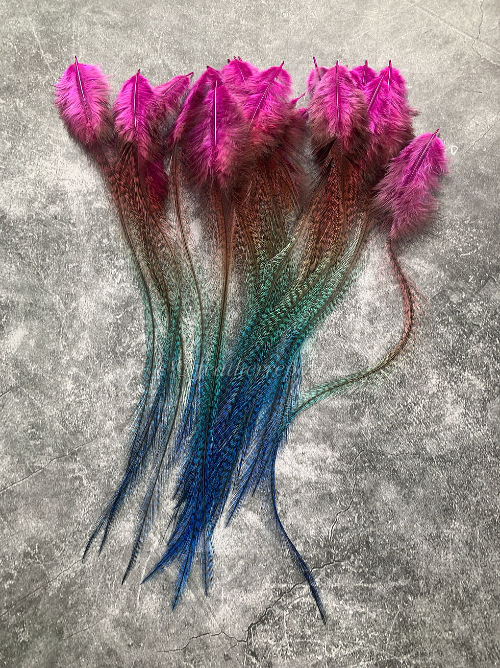 Thumbnail: Long Mottled Rainbow Feathers Pink coral Aqua Blue Rooster Feathers 22 ooak