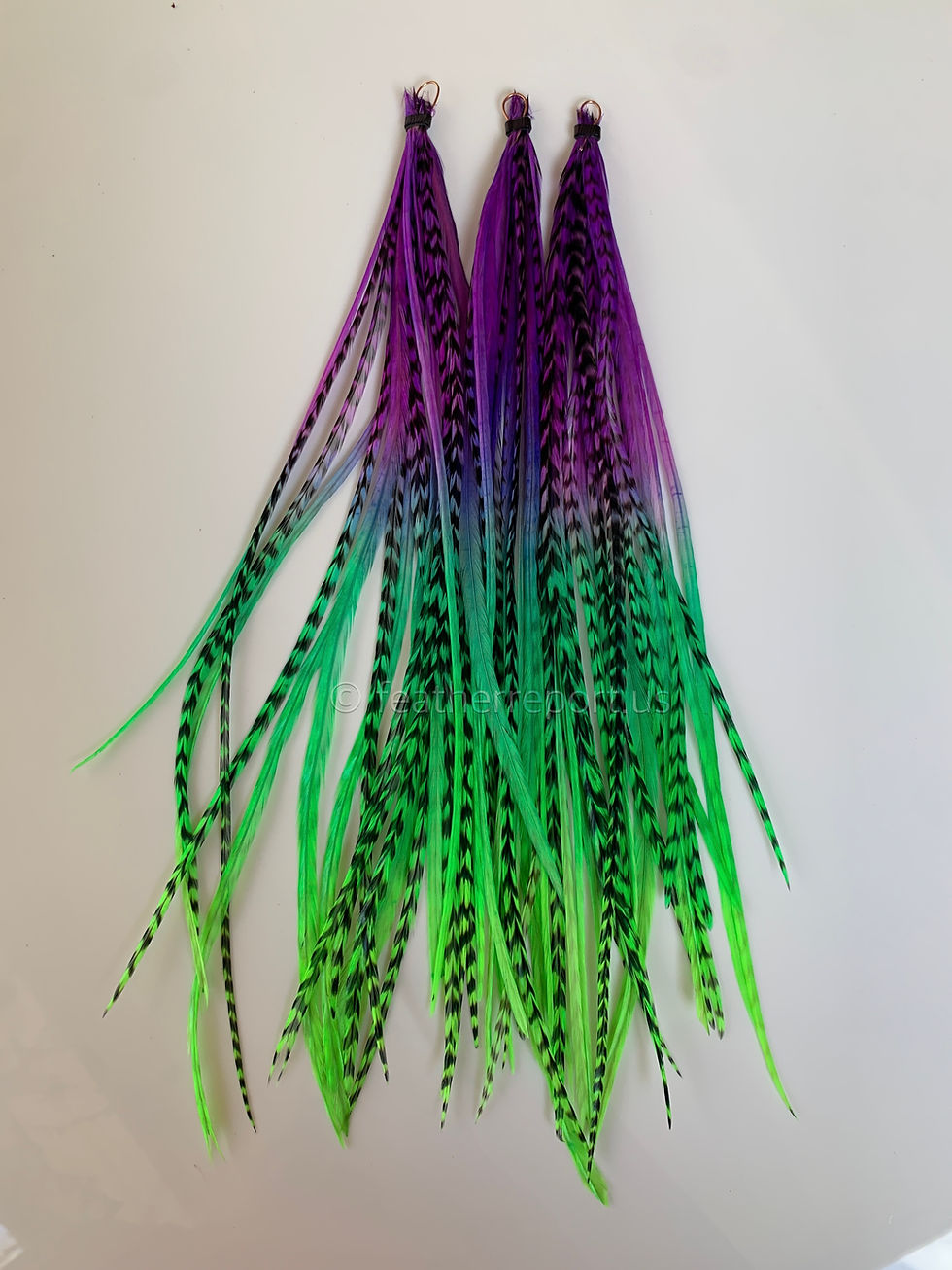 Thumbnail: Neon Green Ombre Purple Rooster Hair Feather Extensions 10 Long 8-10"