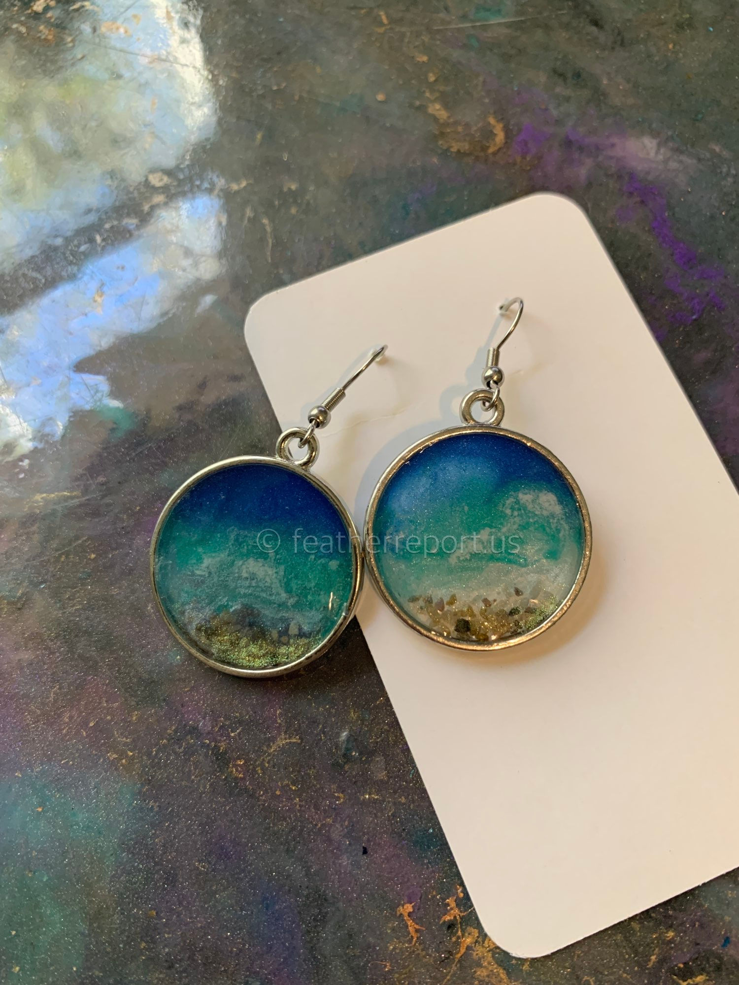Ocean Beach and Cloud Dangle Earrings Silvertoned Metal