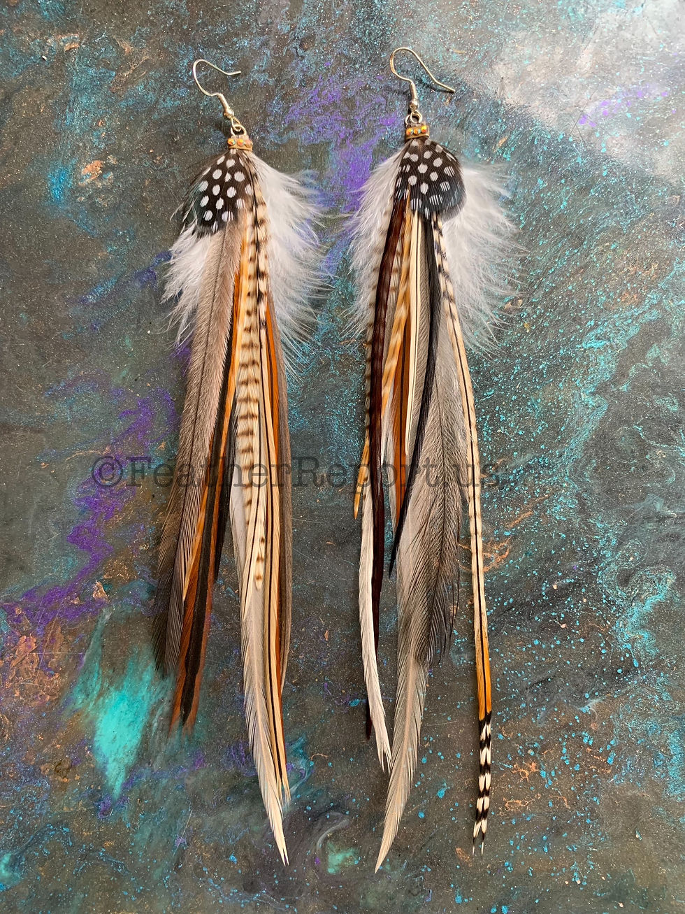 real rooster feather earrings with exotic accents and rhinestones